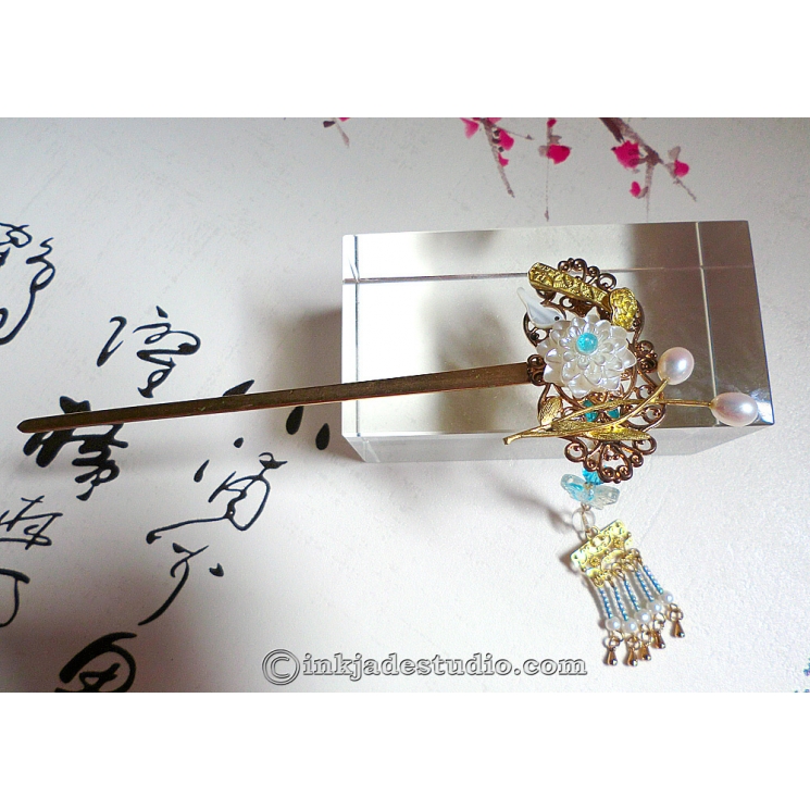 Chinese Bird, Lotus and Ruyi Hair Stick Hair Pin With Freshwater Pearls