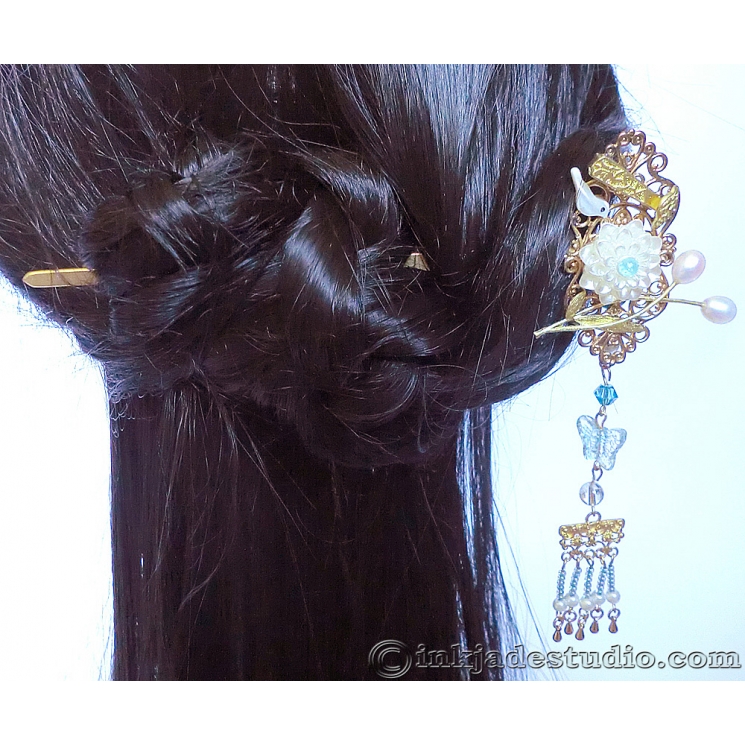 Chinese Bird, Lotus and Ruyi Hair Stick Hair Pin With Freshwater Pearls