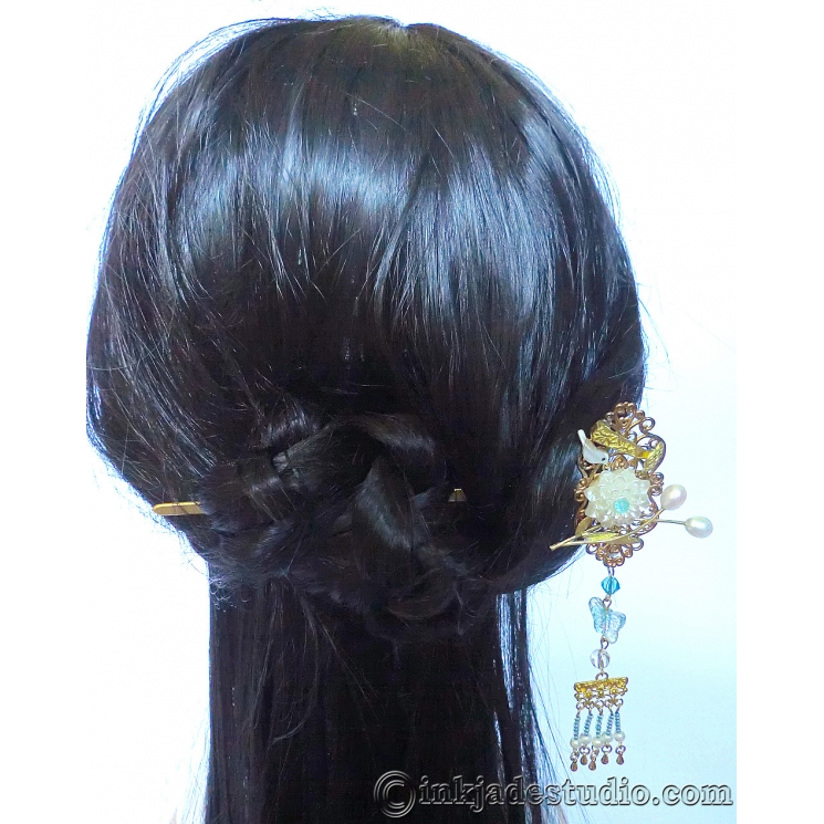 Chinese Bird, Lotus and Ruyi Hair Stick Hair Pin With Freshwater Pearls