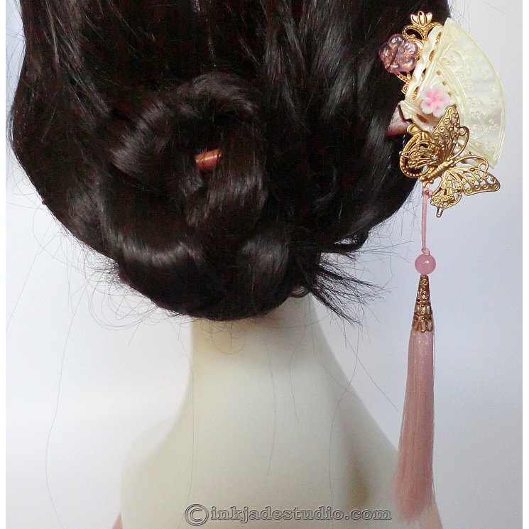 Chinese Carved Shell Fan Hair Stick Hair Pin with Butterfly and Tassel