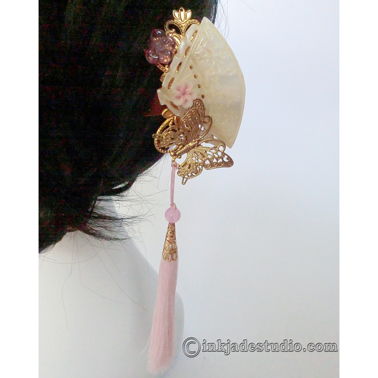 Chinese Carved Shell Fan Hair Stick Hair Pin with Butterfly and Tassel