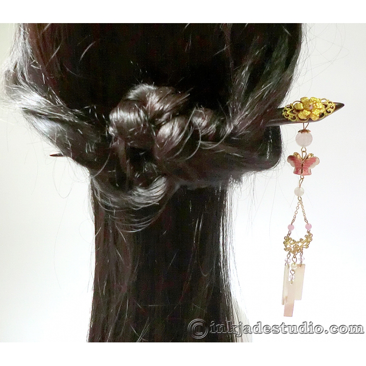 Golden Filigree Flower Wooden Chinese Hair Stick with Rose Quartz