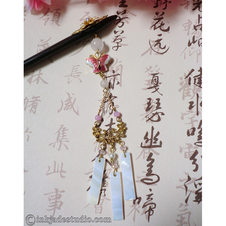 Golden Filigree Flower Wooden Chinese Hair Stick with Rose Quartz