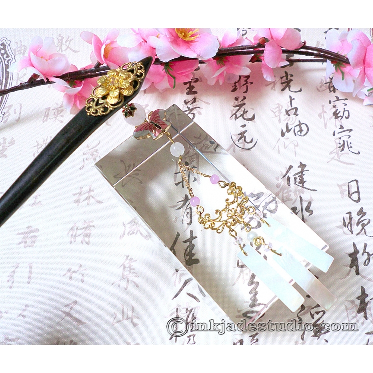 Golden Filigree Flower Wooden Chinese Hair Stick with Rose Quartz