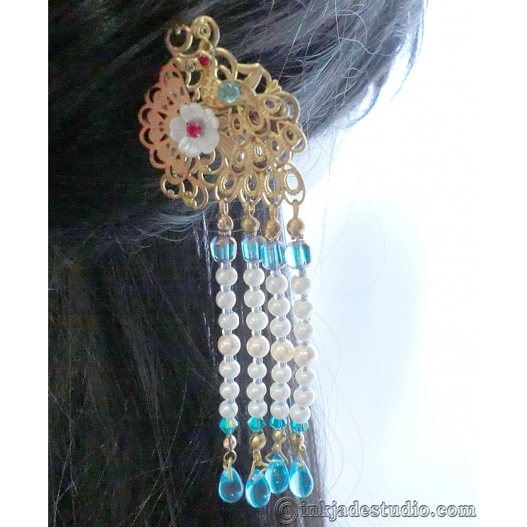 Chinese Peacock Hair-stick with Carved Shell Flower, Czech Glass Beaded Tassel