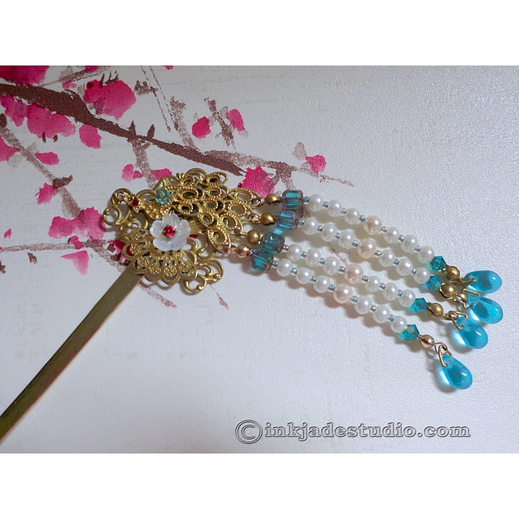 Chinese Peacock Hair-stick with Carved Shell Flower, Czech Glass Beaded Tassel