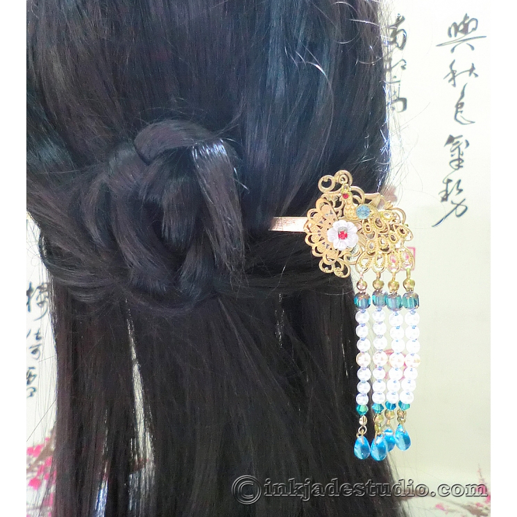 Chinese Peacock Hair-stick with Carved Shell Flower, Czech Glass Beaded Tassel