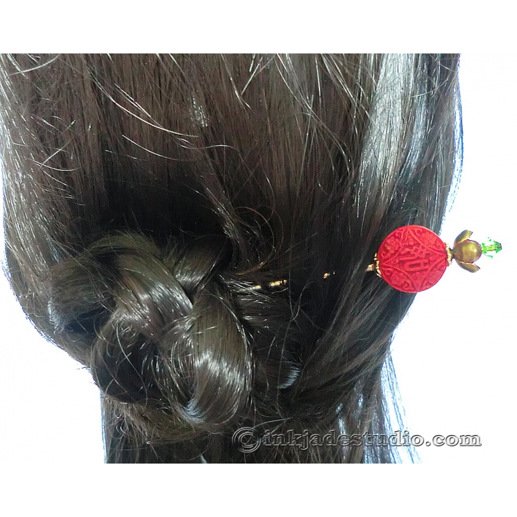 Red Auspicious Chinese Ruyi Cinnabar Bead Hair Stick Hair Pin