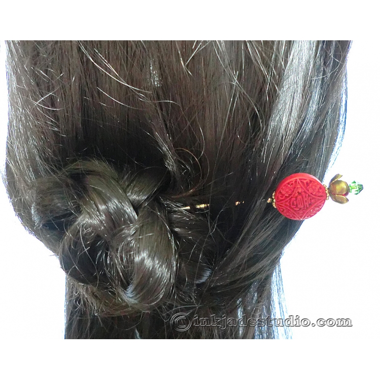 Red Auspicious Chinese Ruyi Cinnabar Bead Hair Stick Hair Pin