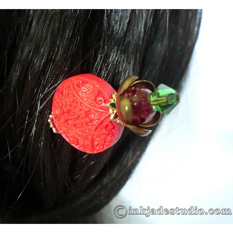 Red Auspicious Chinese Ruyi Cinnabar Bead Hair Stick Hair Pin