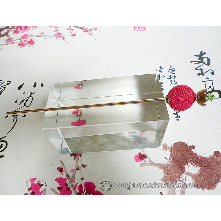 Red Auspicious Chinese Ruyi Cinnabar Bead Hair Stick Hair Pin