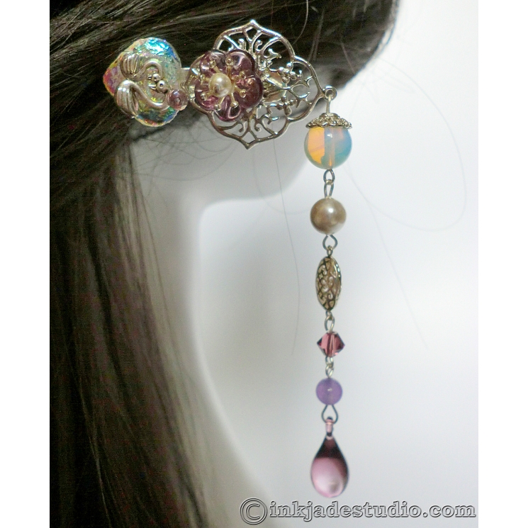 Silver Filigree Hair Stick with Iridescent Glass Heart, Swans and Opal