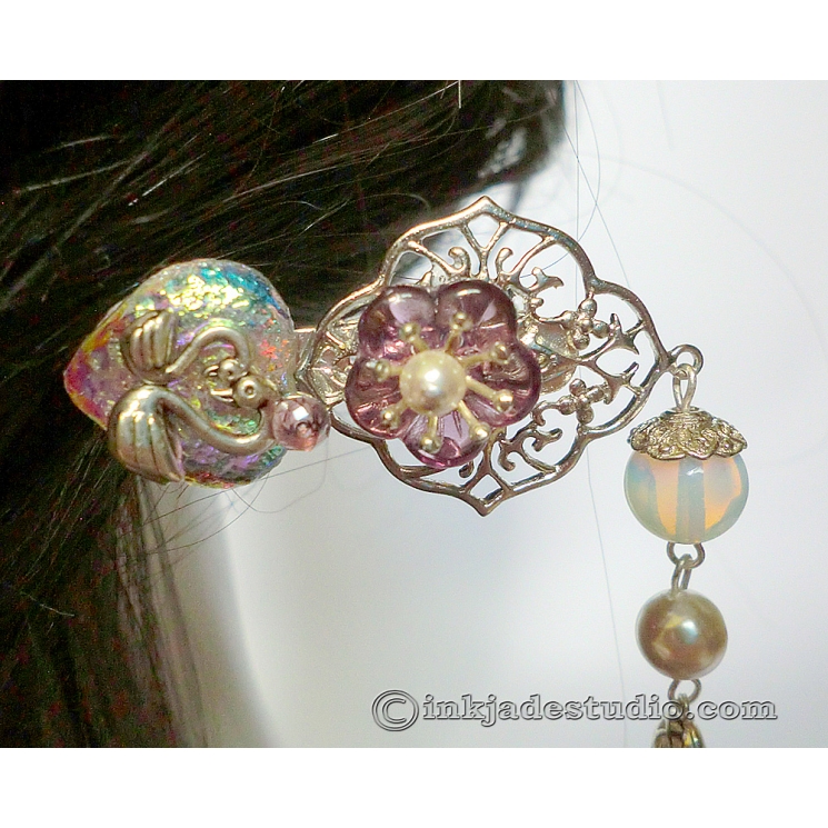 Silver Filigree Hair Stick with Iridescent Glass Heart, Swans and Opal