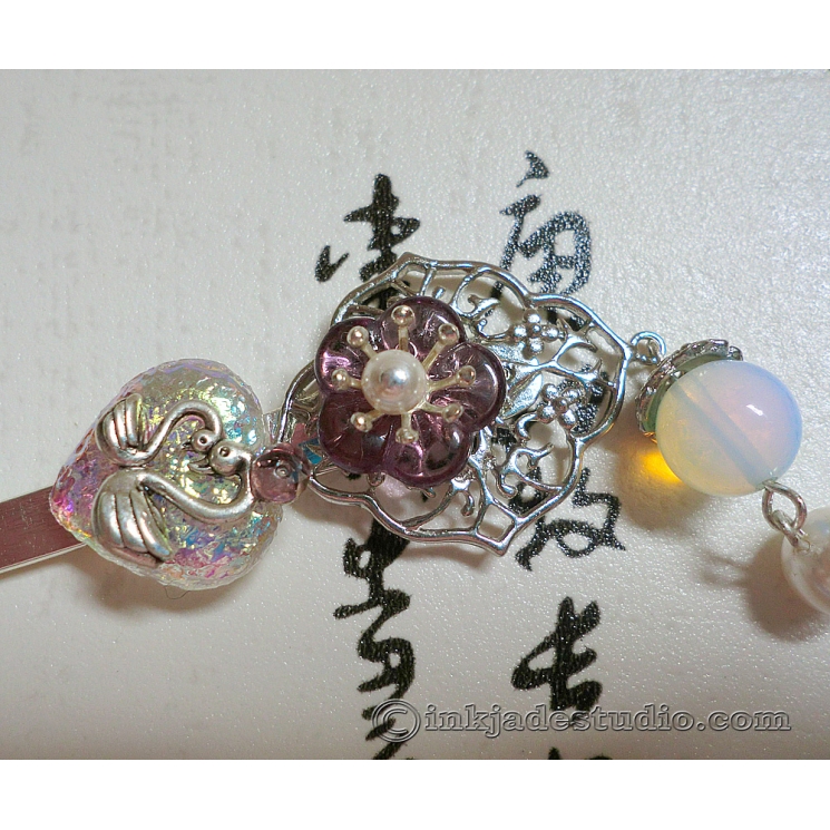 Silver Filigree Hair Stick with Iridescent Glass Heart, Swans and Opal