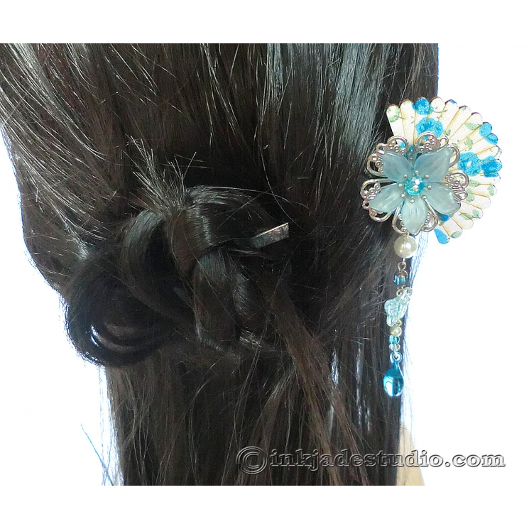 Blue Wooden Fan Flower Hair Stick with Aquamarine and Czech Glass