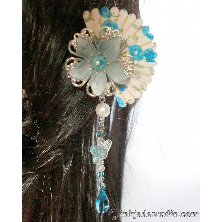 Blue Wooden Fan Flower Hair Stick with Aquamarine and Czech Glass