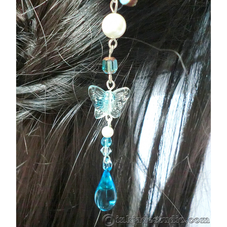 Blue Wooden Fan Flower Hair Stick with Aquamarine and Czech Glass