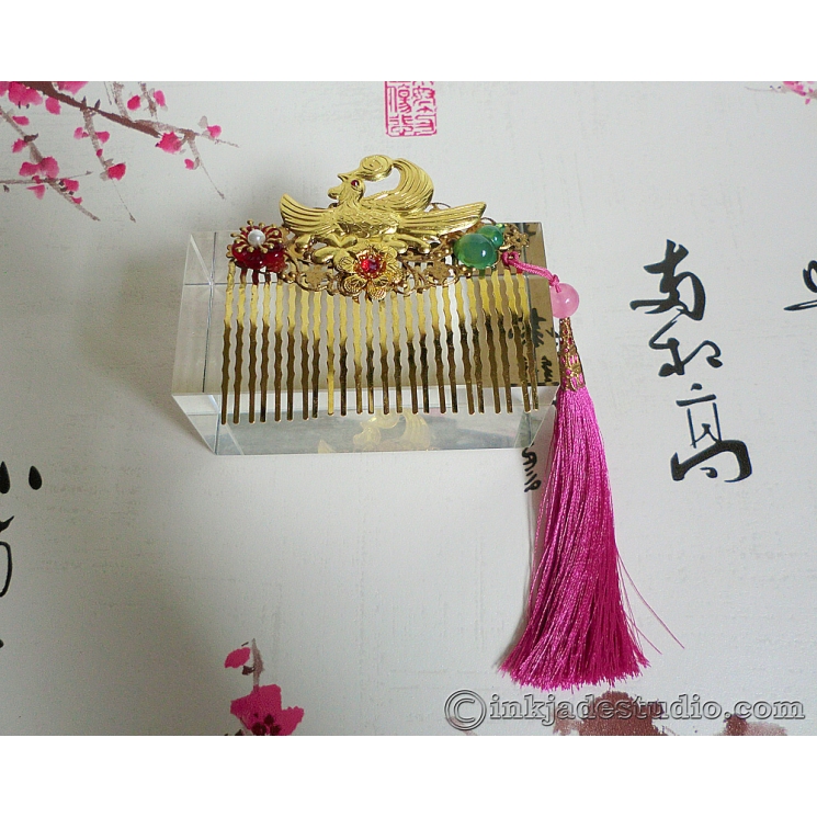 Golden Phoenix Comb with Green Agate Gourd and Dark Pink Tassel