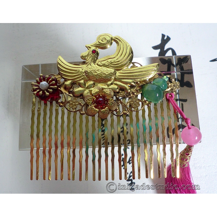 Golden Phoenix Comb with Green Agate Gourd and Dark Pink Tassel