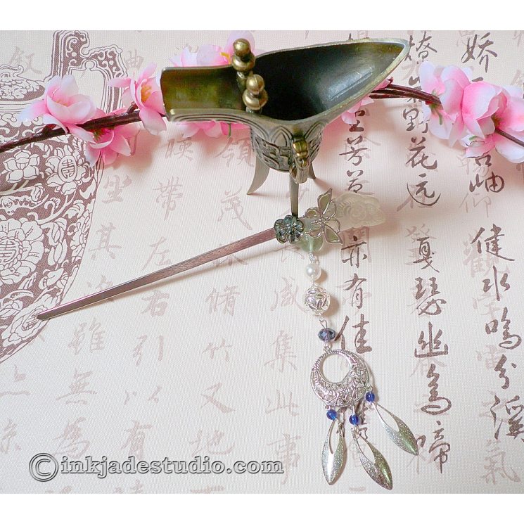 Carved Jade Peony Chinese Hair Stick with Abalone Shell Flower