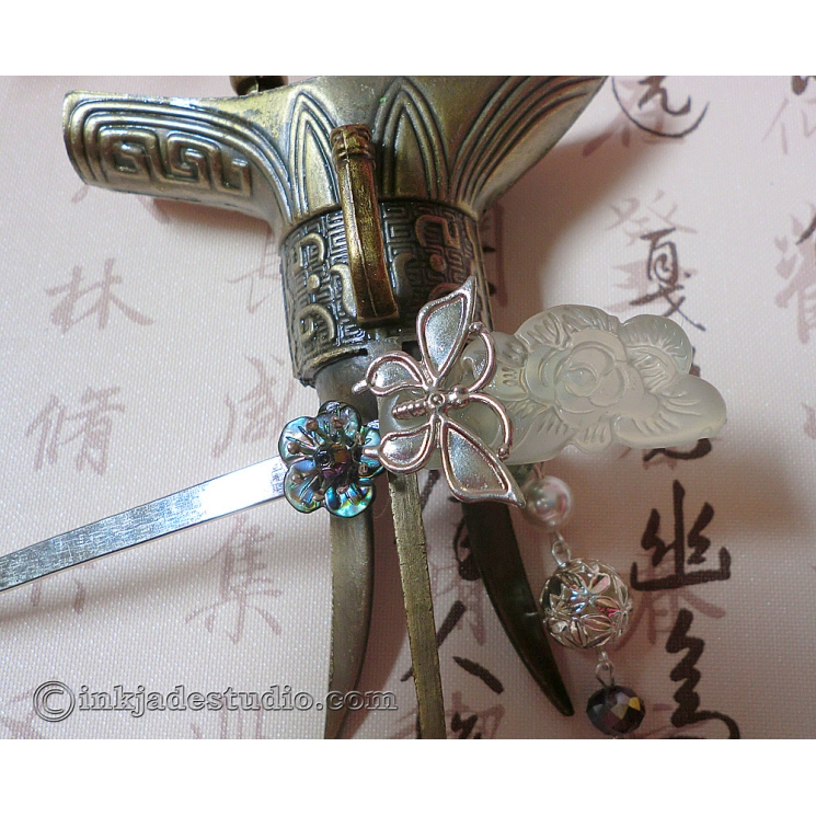 Carved Jade Peony Chinese Hair Stick with Abalone Shell Flower