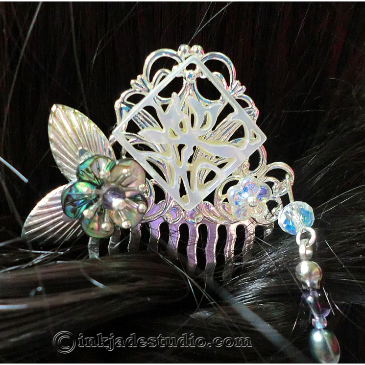 Small Silver Chinese Comb With Carved Abalone Shell and Freshwater Pearls