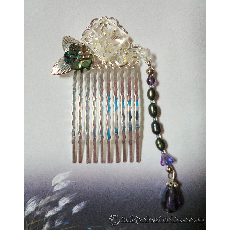 Small Silver Chinese Comb With Carved Abalone Shell and Freshwater Pearls