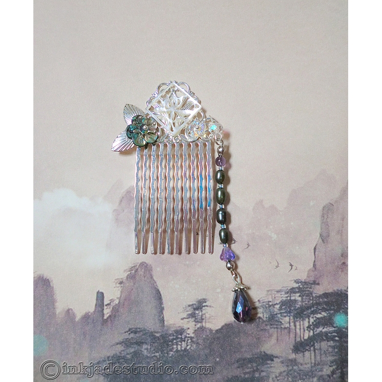 Small Silver Chinese Comb With Carved Abalone Shell and Freshwater Pearls