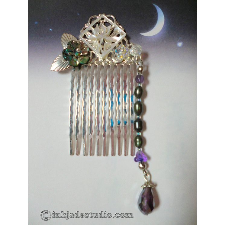 Small Silver Chinese Comb With Carved Abalone Shell and Freshwater Pearls