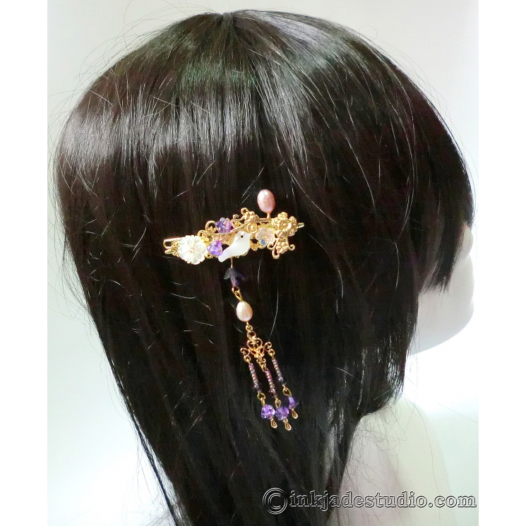 Small Carved Shell Bird and Flower Hairclip with Lavender Freshwater Pearls