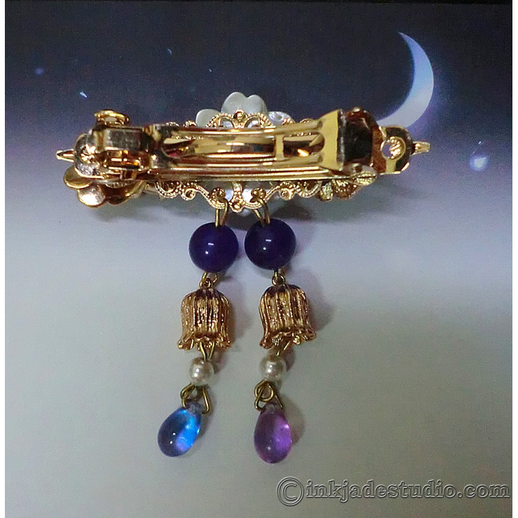 Small Albite Cabochon, Blue Agate and Amethyst Hair Clip