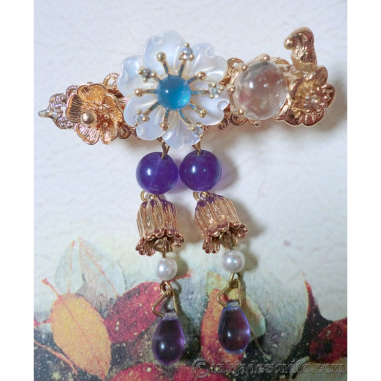 Small Albite Cabochon, Blue Agate and Amethyst Hair Clip