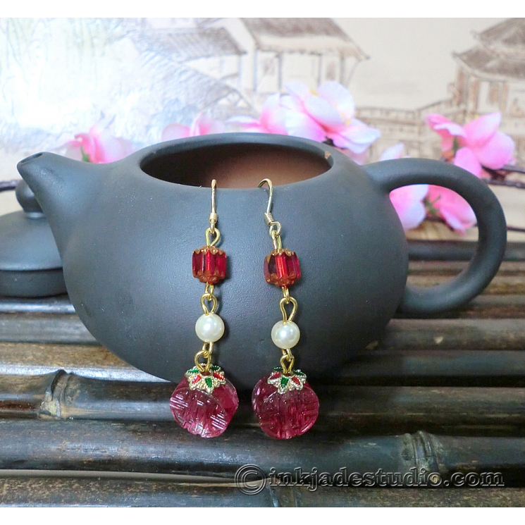 Rose Red Chinese Character "Lu" Glass Bead Earrings with Swarovski Pearls