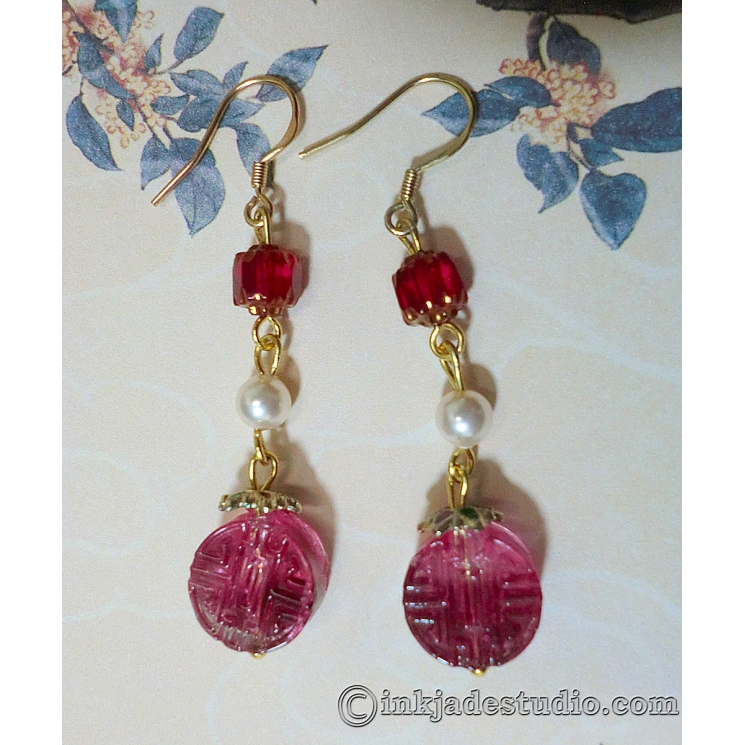 Rose Red Chinese Character "Lu" Glass Bead Earrings with Swarovski Pearls