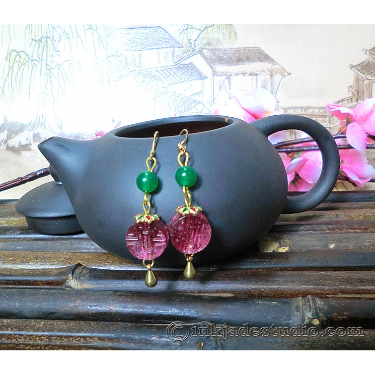 Rose Red Chinese Character "禄" Good Fortune Glass Bead Earrings with Green Agate