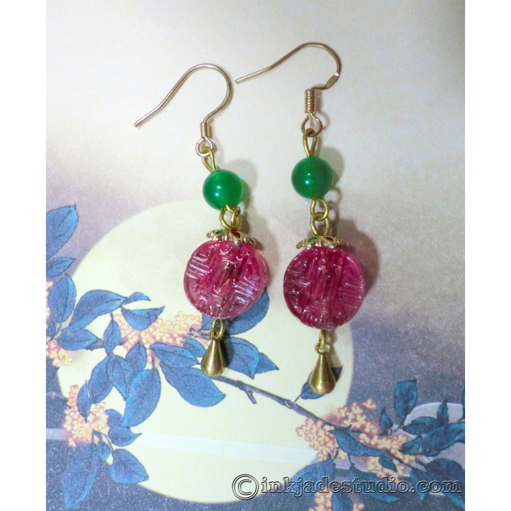 Rose Red Chinese Character "禄" Good Fortune Glass Bead Earrings with Green Agate