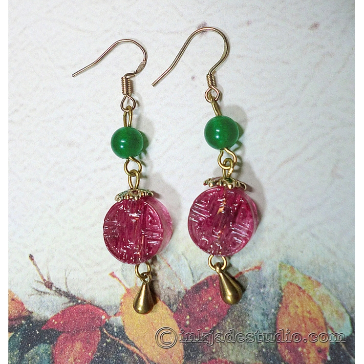 Rose Red Chinese Character "禄" Good Fortune Glass Bead Earrings with Green Agate