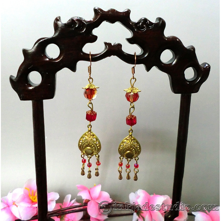 Chinese Red and Gold Peacock Feather Dangle Earrings