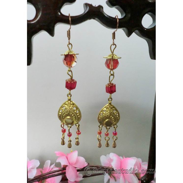 Chinese Red and Gold Peacock Feather Dangle Earrings