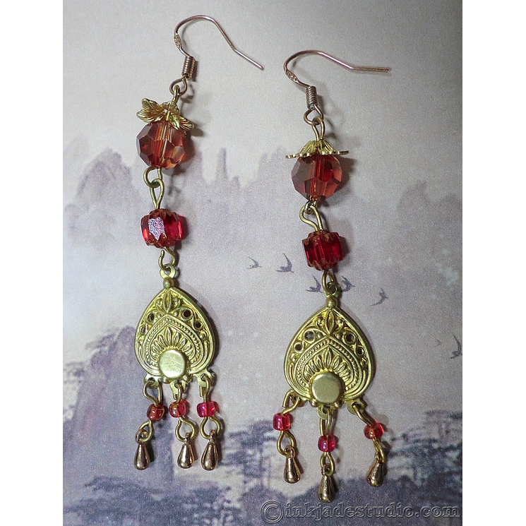 Chinese Red and Gold Peacock Feather Dangle Earrings