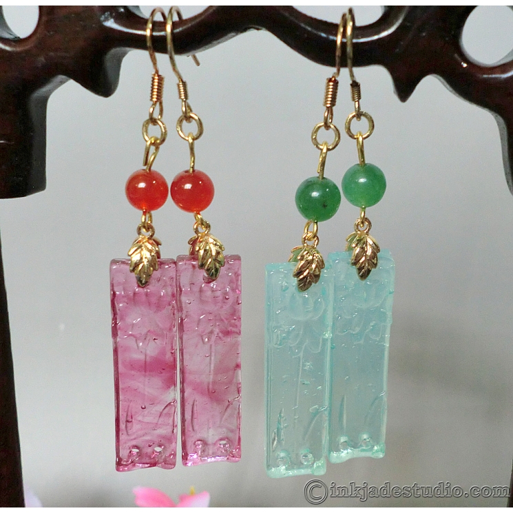 Handmade Glass Lotus Plaques Chinese Earrings