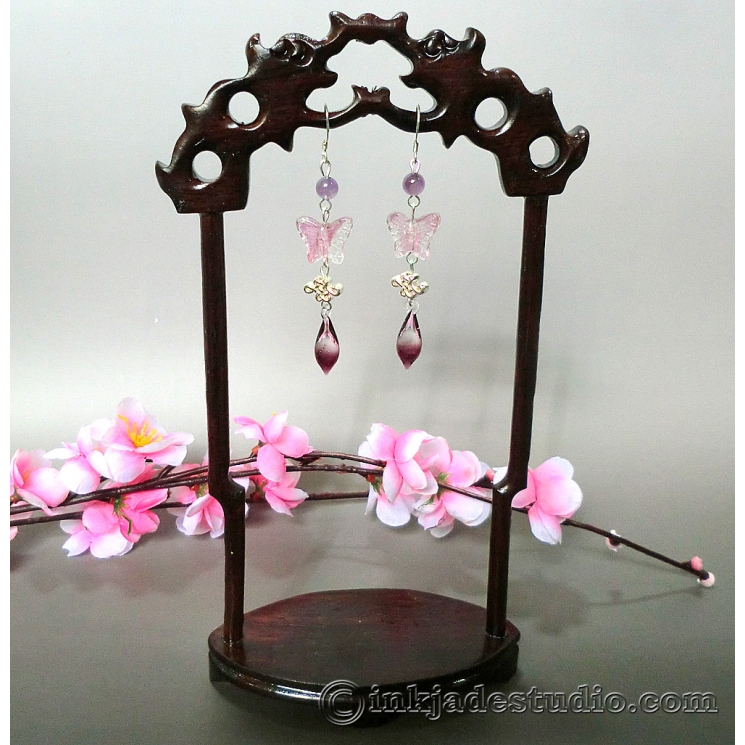 Butterfly and Silver Chinese Knot Glass Color Gradient Teardrop Earrings
