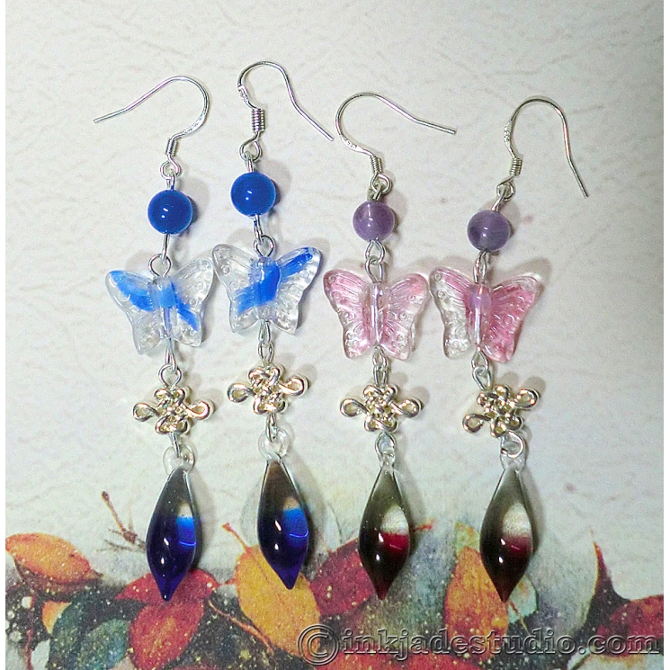 Butterfly and Silver Chinese Knot Glass Color Gradient Teardrop Earrings