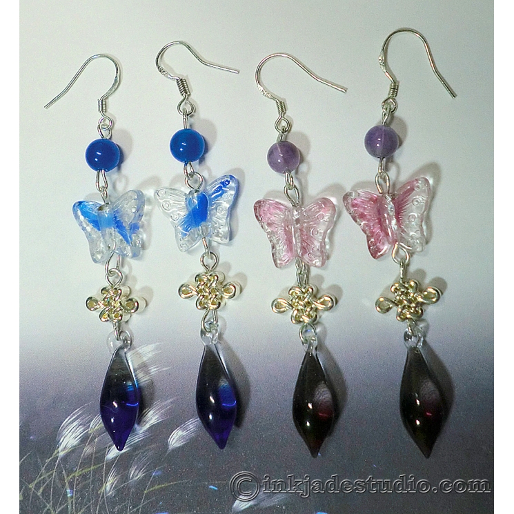 Butterfly and Silver Chinese Knot Glass Color Gradient Teardrop Earrings