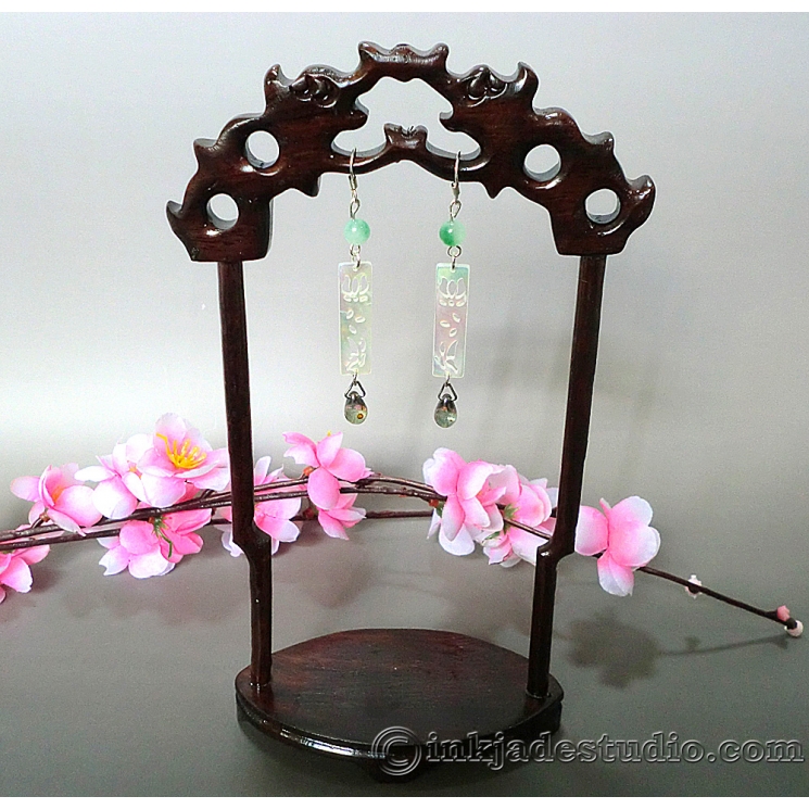 Lotus and Butterfly Carved Shell Mother of Pearl Plaque Chinese Earrings with Gr