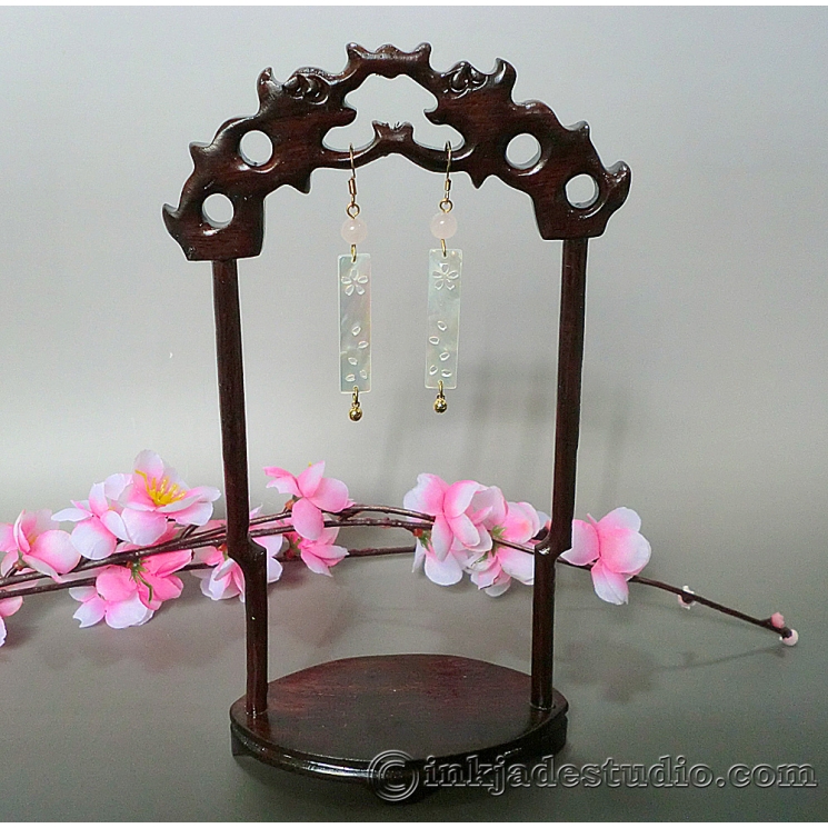 Cherry Blossom Carved Shell Mother of Pearl Plaque Chinese Earrings with Rose Qu