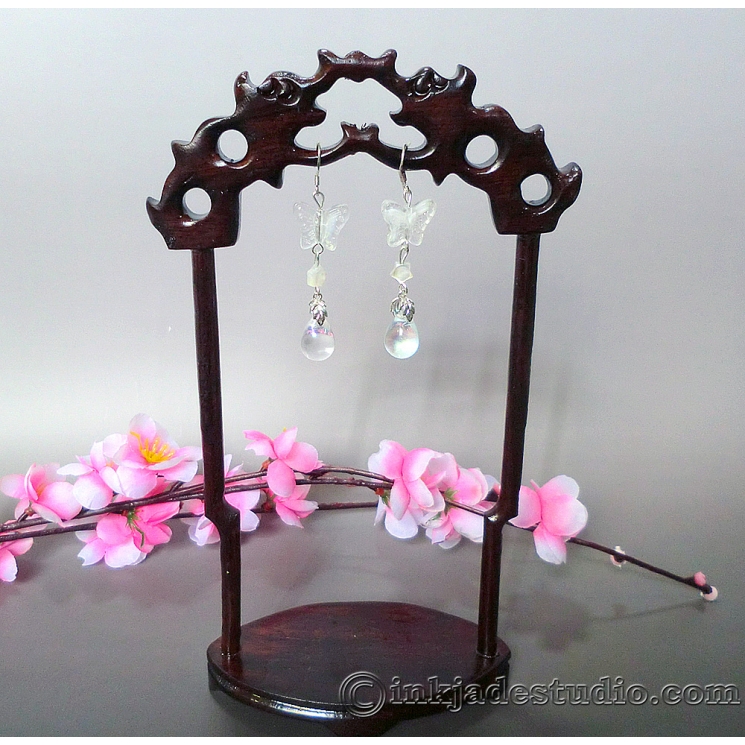 Glass Butterfly and Cute Carved Mother of Pearl Shell Star Silver Earrings