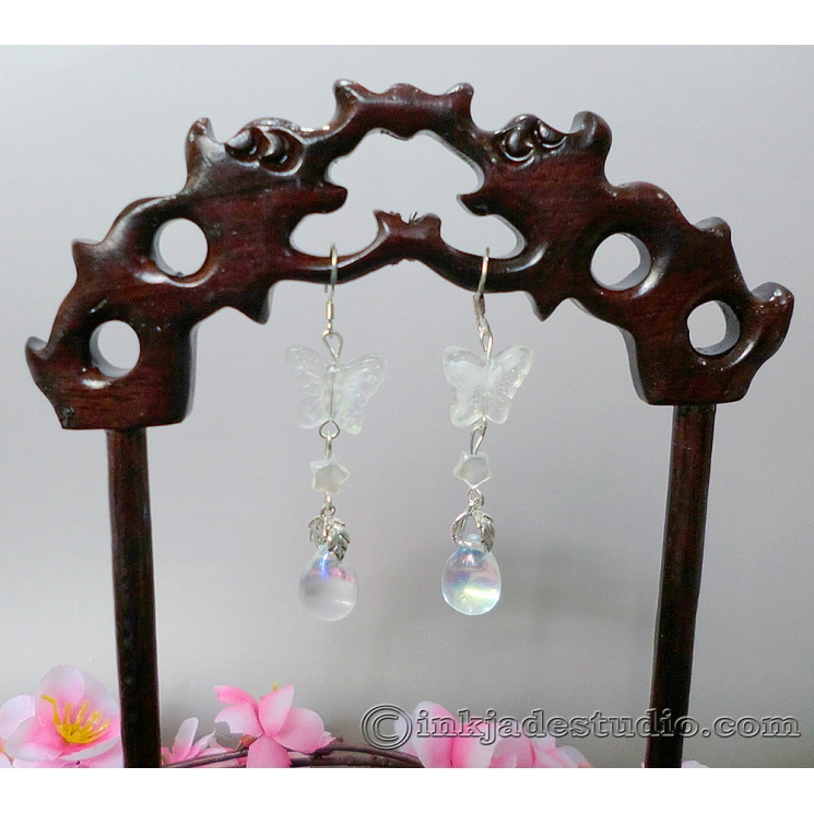 Glass Butterfly and Cute Carved Mother of Pearl Shell Star Silver Earrings