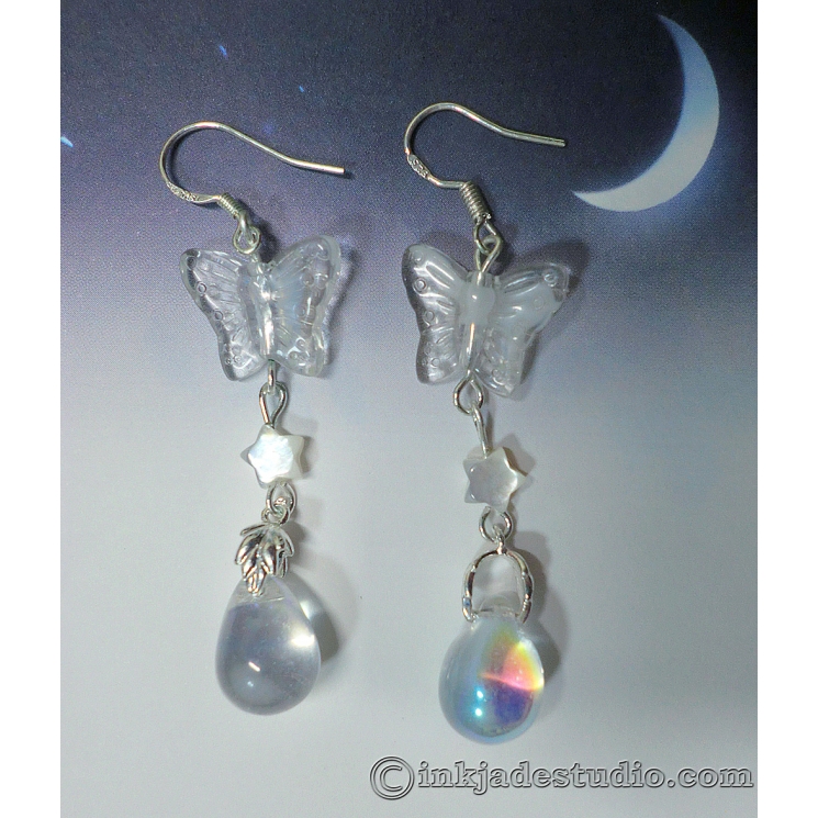 Glass Butterfly and Cute Carved Mother of Pearl Shell Star Silver Earrings