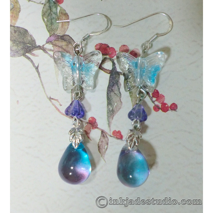 Blue Butterfly and Bicolor Czech Glass Silver Earrings